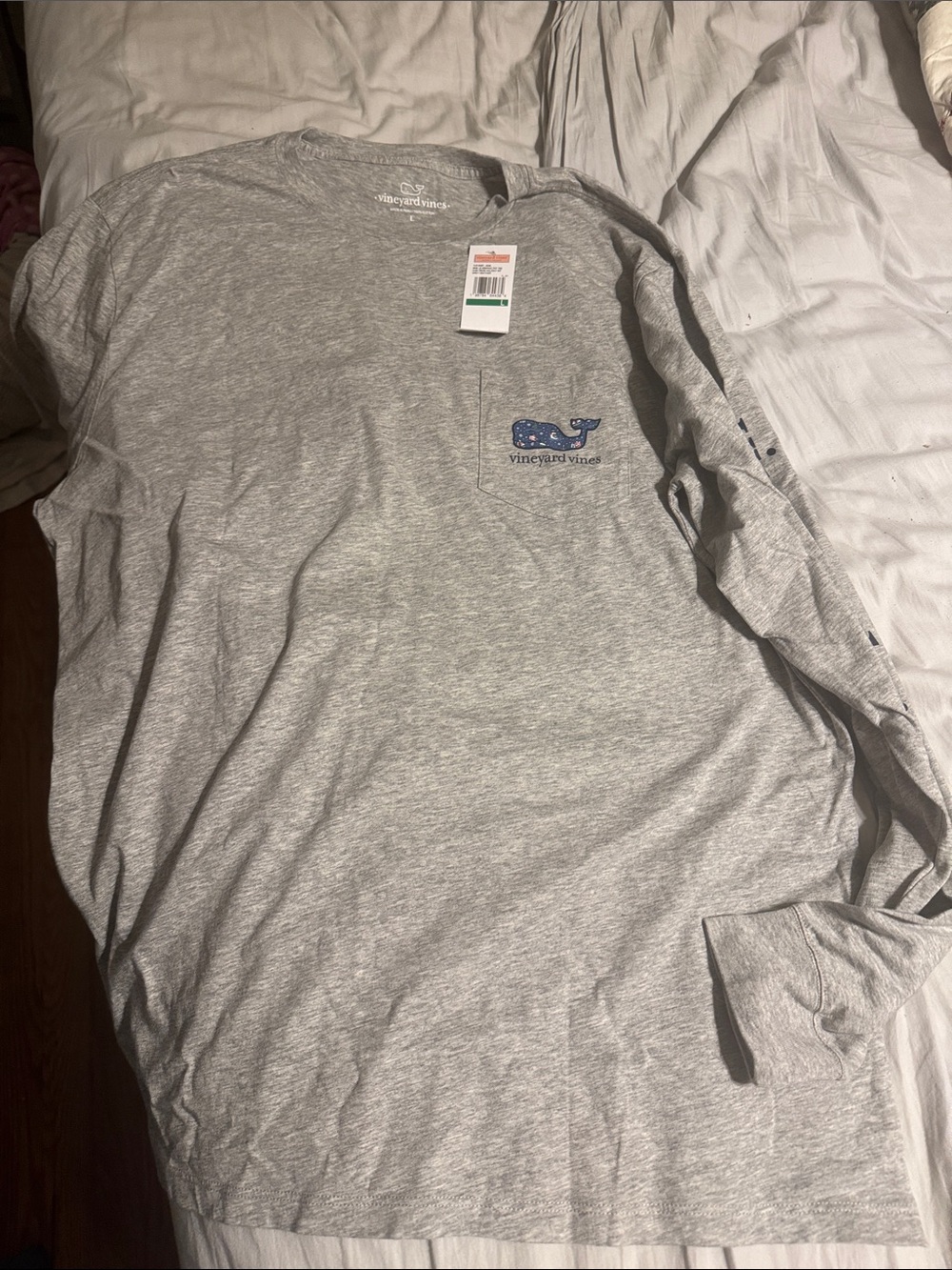 Vineyard Vines Heather Gray Long-Sleeve Pocket Tee with Blue Whale Logo